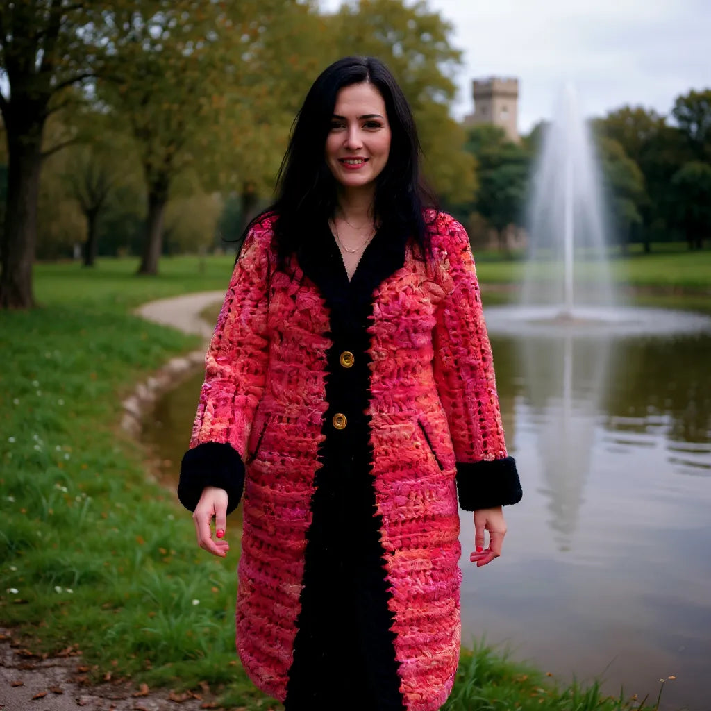 Manteau au crochet fait main Kozakine de Cachalabibi - corail et noir - Vue de face dans un parc automnal avec étang en arrière-plan
