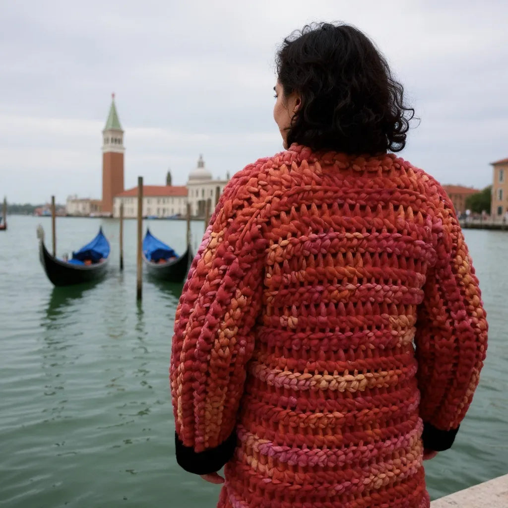 Manteau au crochet fait main Kozakine de Cachalabibi - corail et noir - vue de dos avec gondoles et campanile