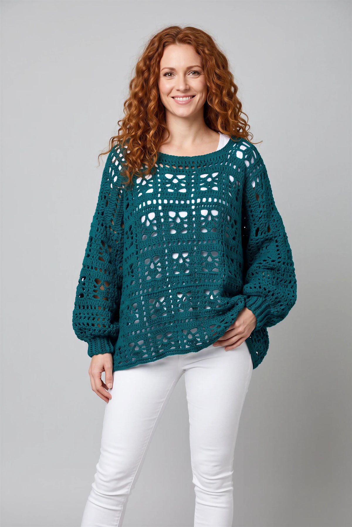 Poncho Tealo crochet granny oversize vert teal manches longues — vue face — Cachalabibi