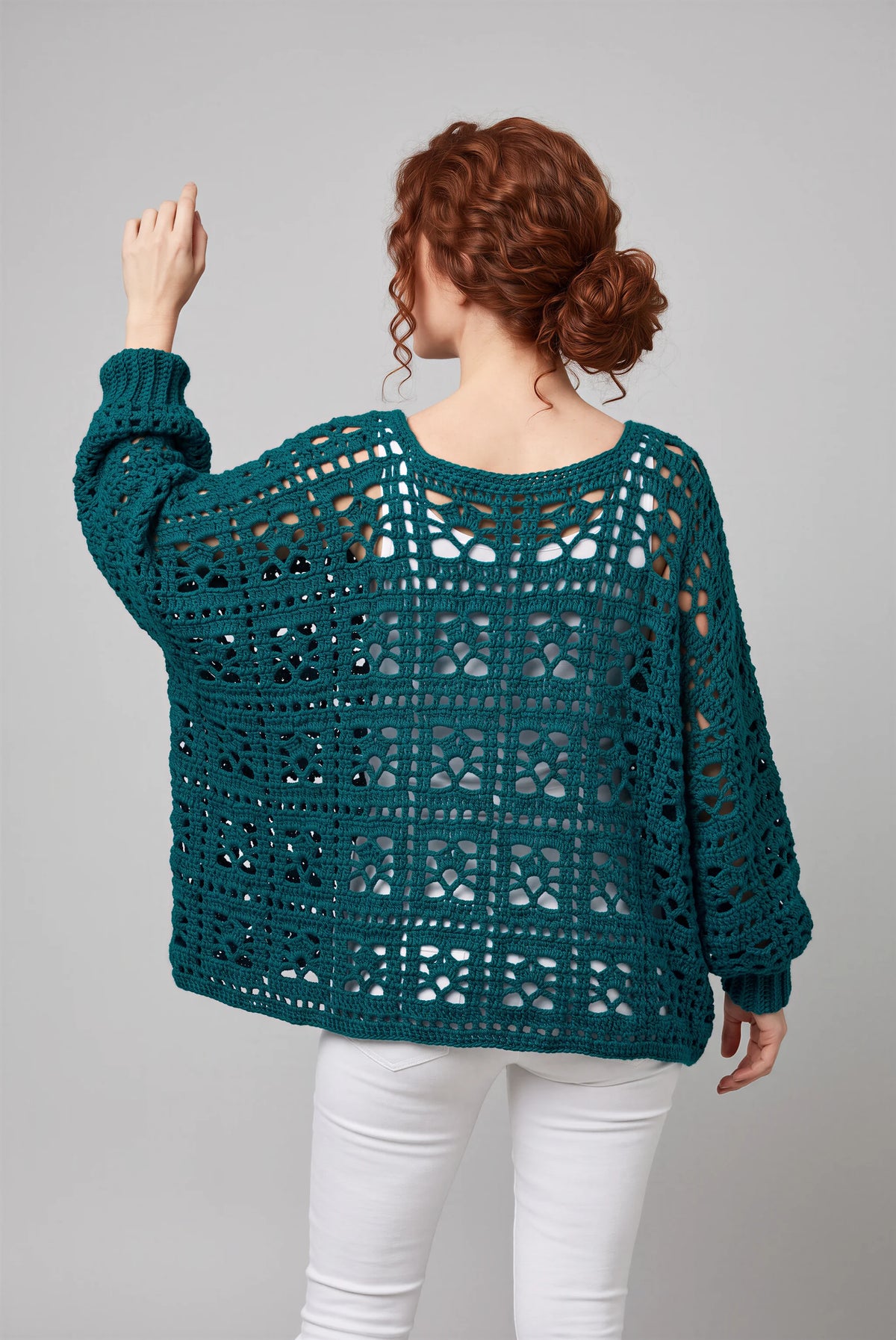 Poncho Tealo crochet granny — vue dos vert canard ajouré — Pièce unique Cachalabibi
