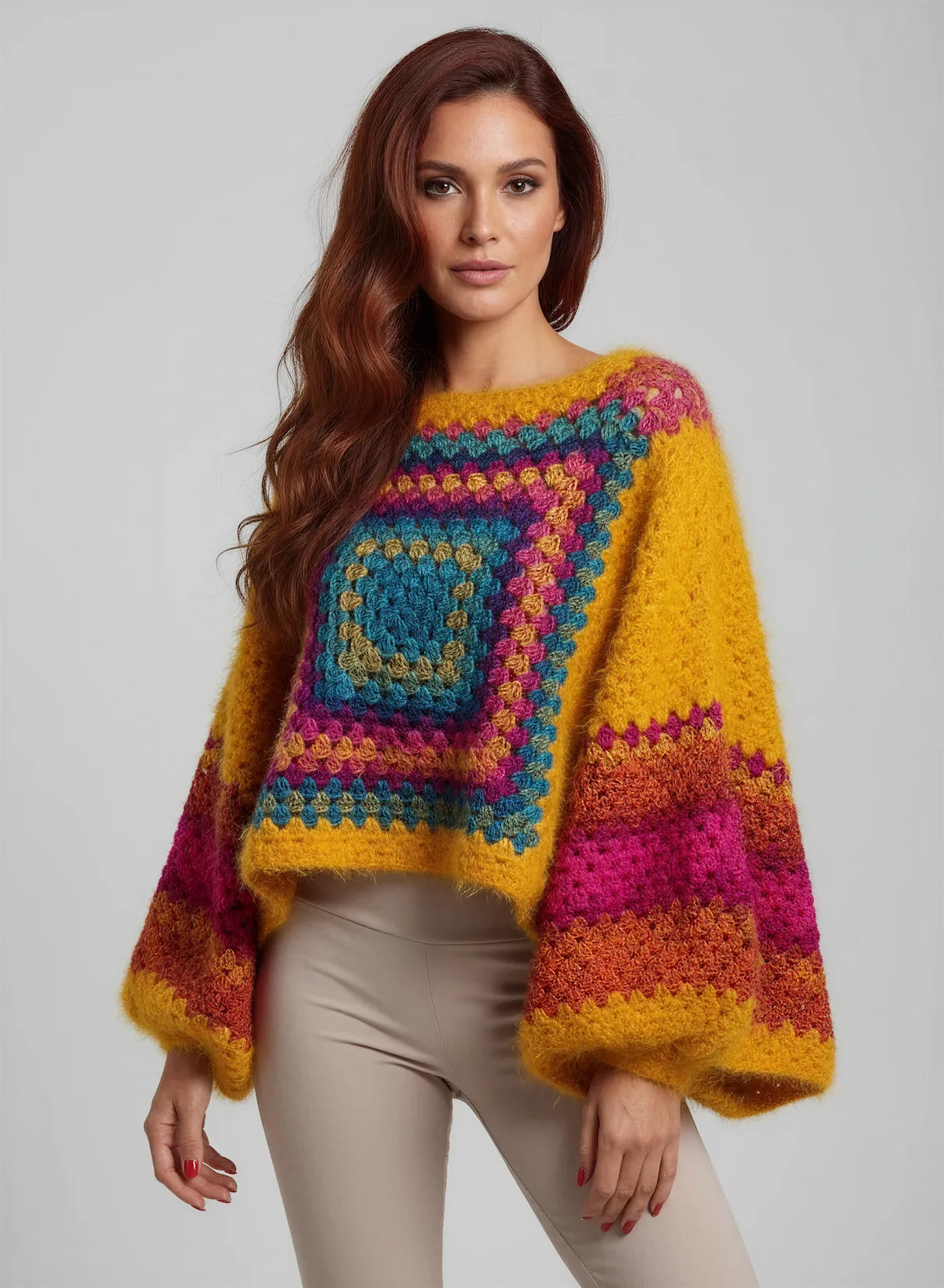 Poncho Aranciano – vue profil 3/4 – poncho crochet moutarde granny square multicolore manches kimono évasées – Cachalabibi