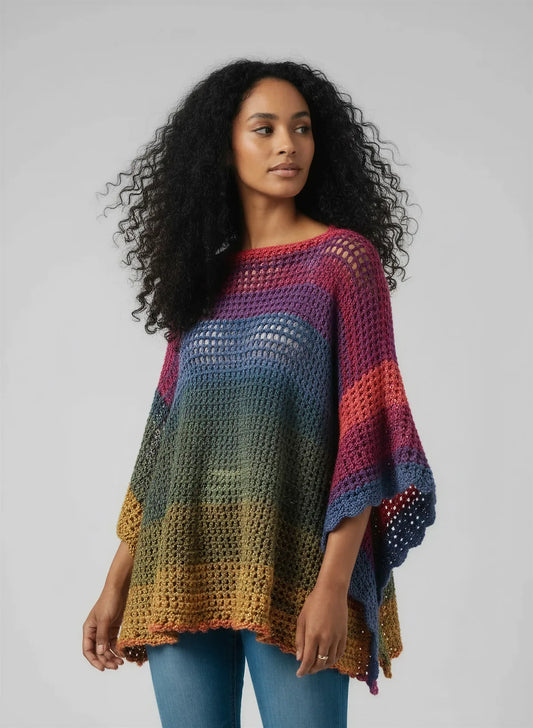 Poncho crochet fait main Makun dégradé arc-en-ciel lurex métallisé forme kimono évasée profil – Cachalabibi