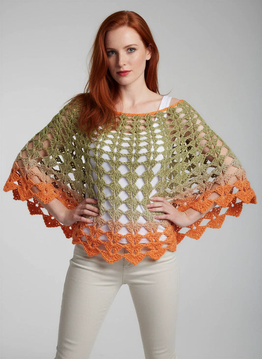 Poncho crochet fait main Olivette dégradé vert olive orange filet losanges ajourés encolure bateau large – Cachalabibi