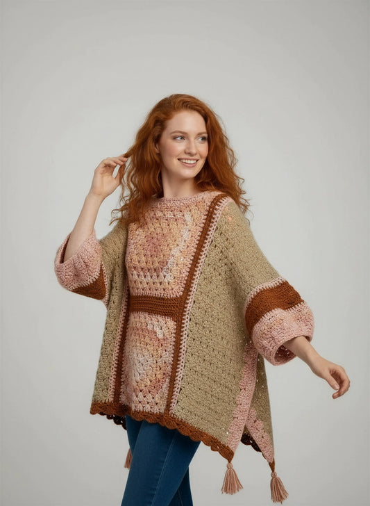 Poncho crochet fait main Pipistrello beige granny rose saumon ceinture rouille côte serrée glands pointes – Cachalabibi