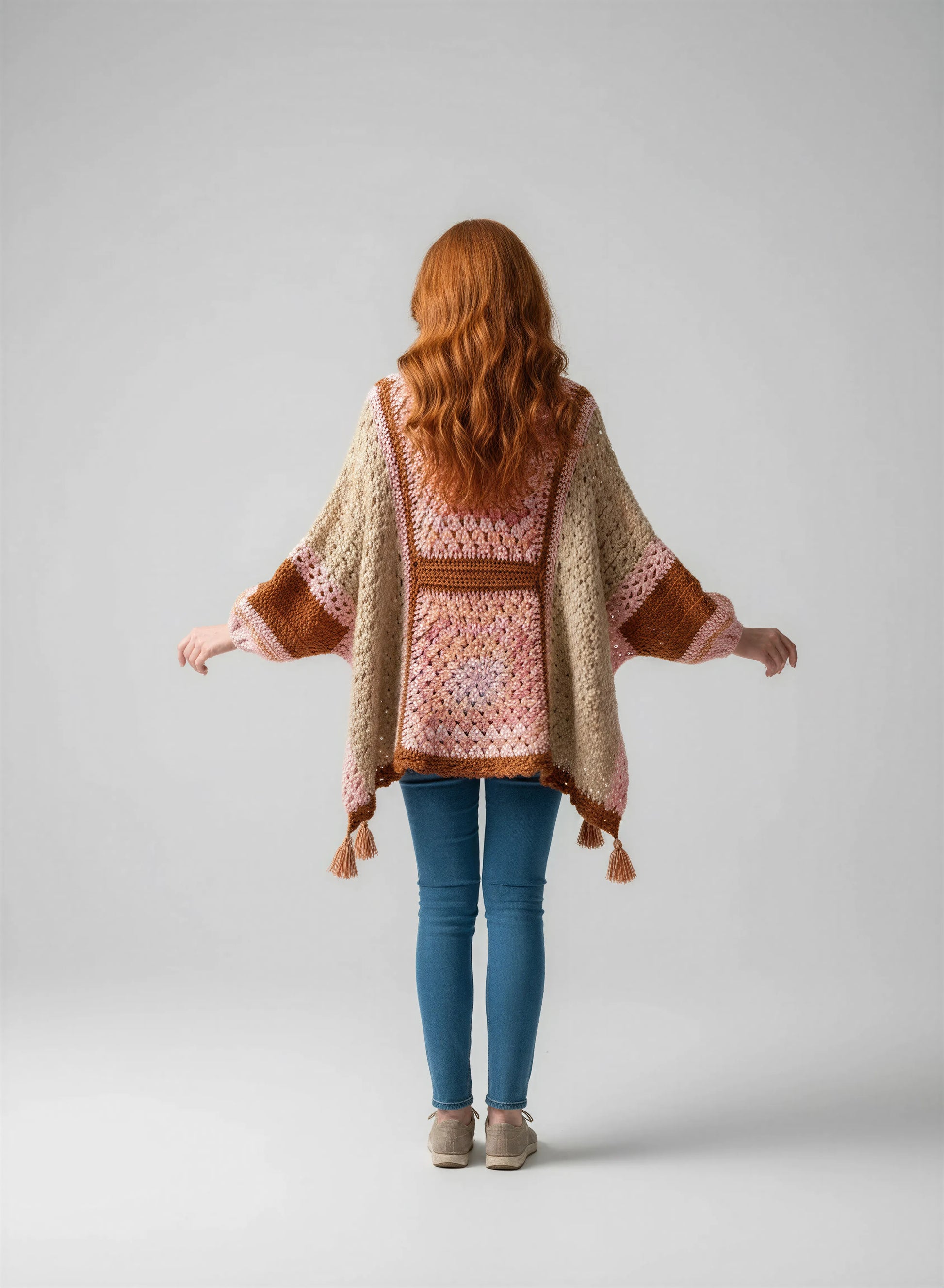 Poncho crochet fait main Pipistrello beige dos forme batwing intégrale panneaux granny rose rouille – Cachalabibi