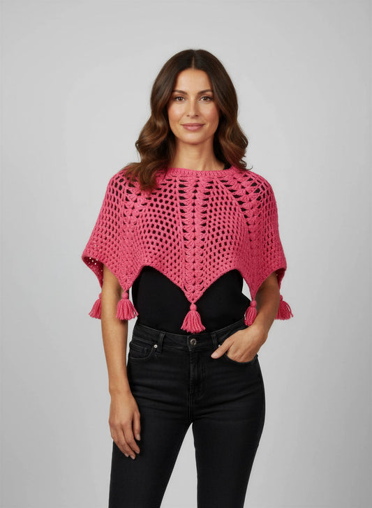 Poncho crochet fait main Pompirosa rose fuchsia filet éventails encolure ronde glands pompons soirée – Cachalabibi