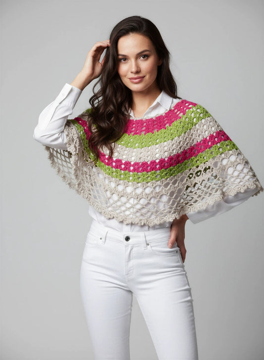 Poncho crochet fait main Soir de mai écru rayures fuchsia vert anis filet losanges bordure festonnée – Cachalabibi