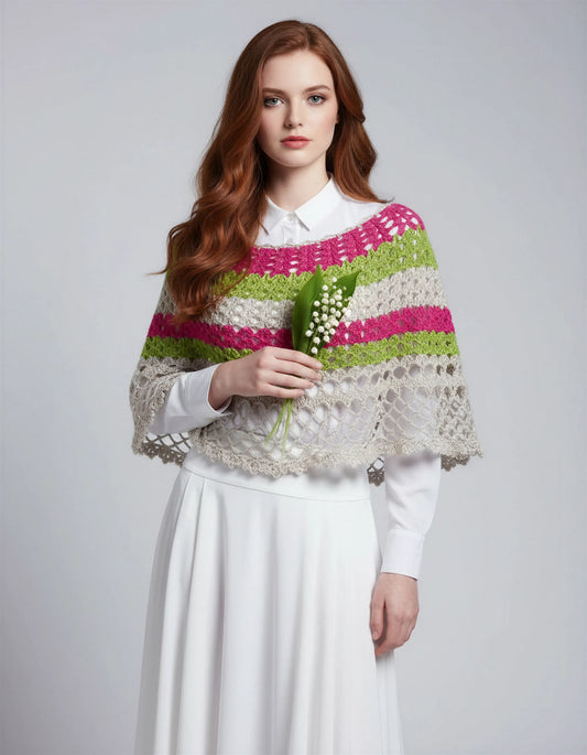 Poncho crochet fait main Soir de mai écru rayures fuchsia vert anis encolure ronde bouquet muguet – Cachalabibi