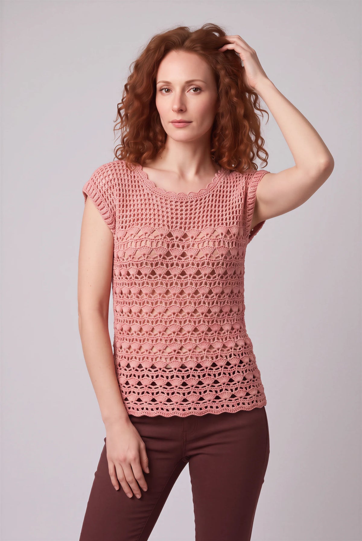 Pull femme Albicocca crochet dentelle éventails rose abricot manches courtes — vue face — Cachalabibi