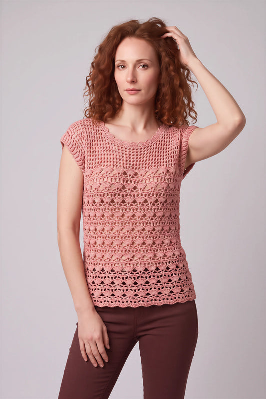 Pull femme Albicocca crochet dentelle éventails rose abricot manches courtes — vue face — Cachalabibi