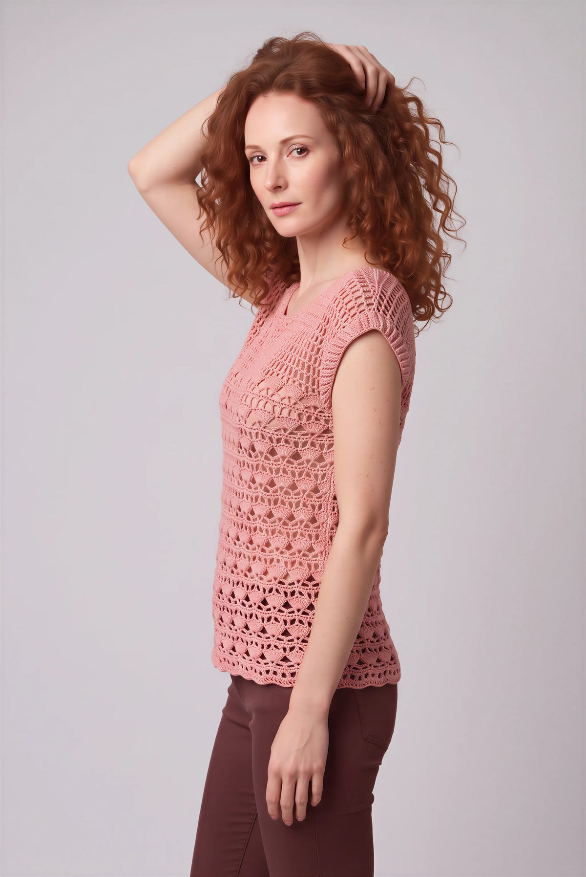 Pull femme Albicocca crochet dentelle abricot col bateau — vue profil — Création Cachalabibi