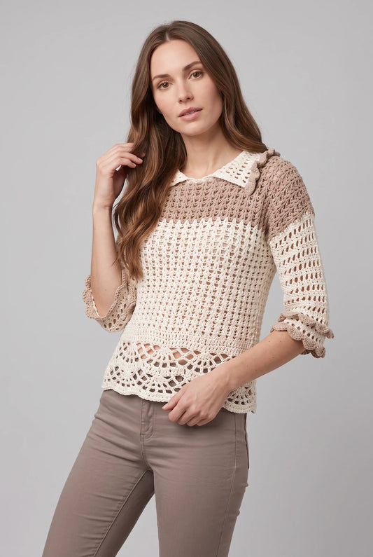 Pull Bocobogo crochet bicolore écru sable — vue 3/4 — Cachalabibi