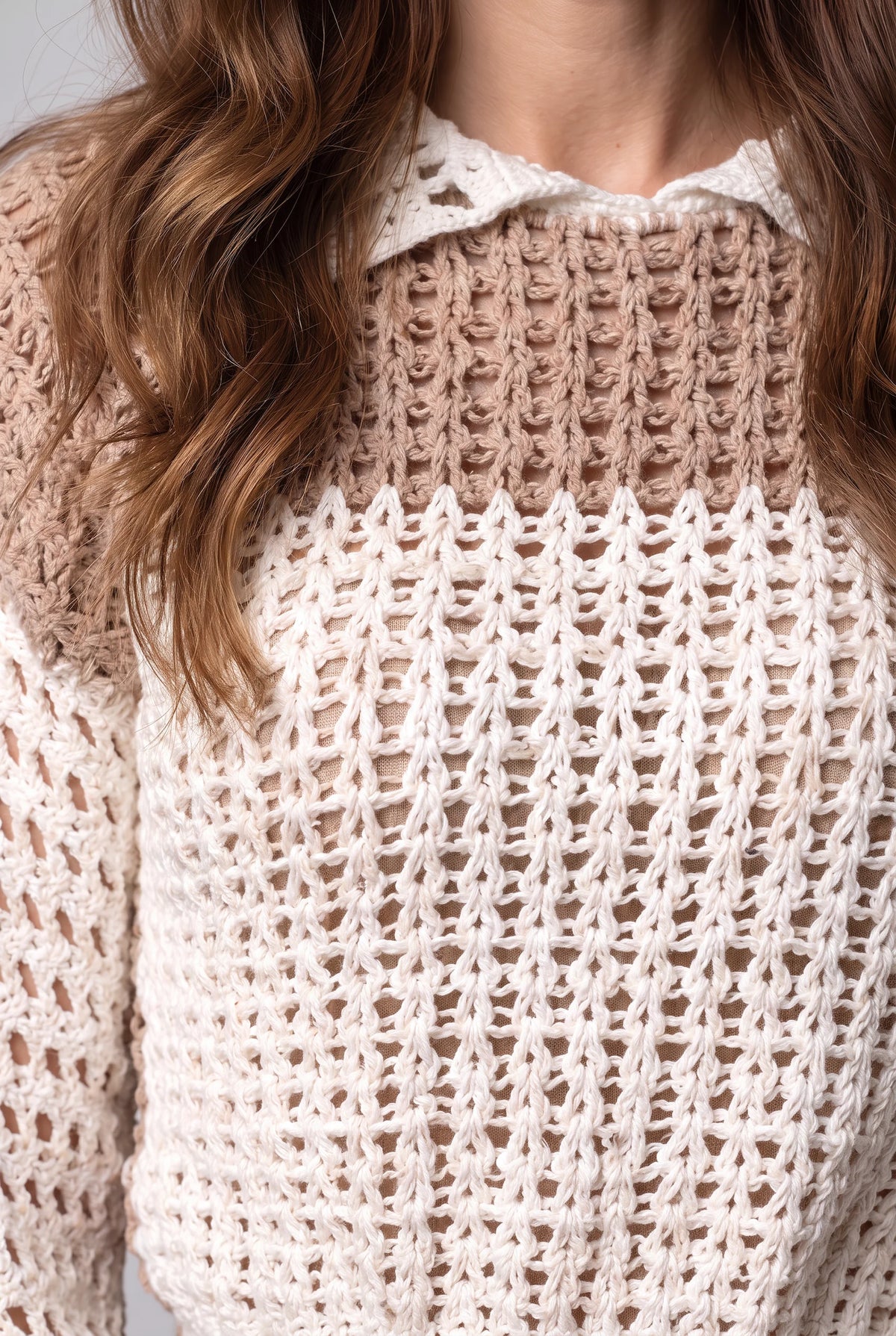 Pull Bocobogo — détail col polo et mailles crochet — Création Cachalabibi