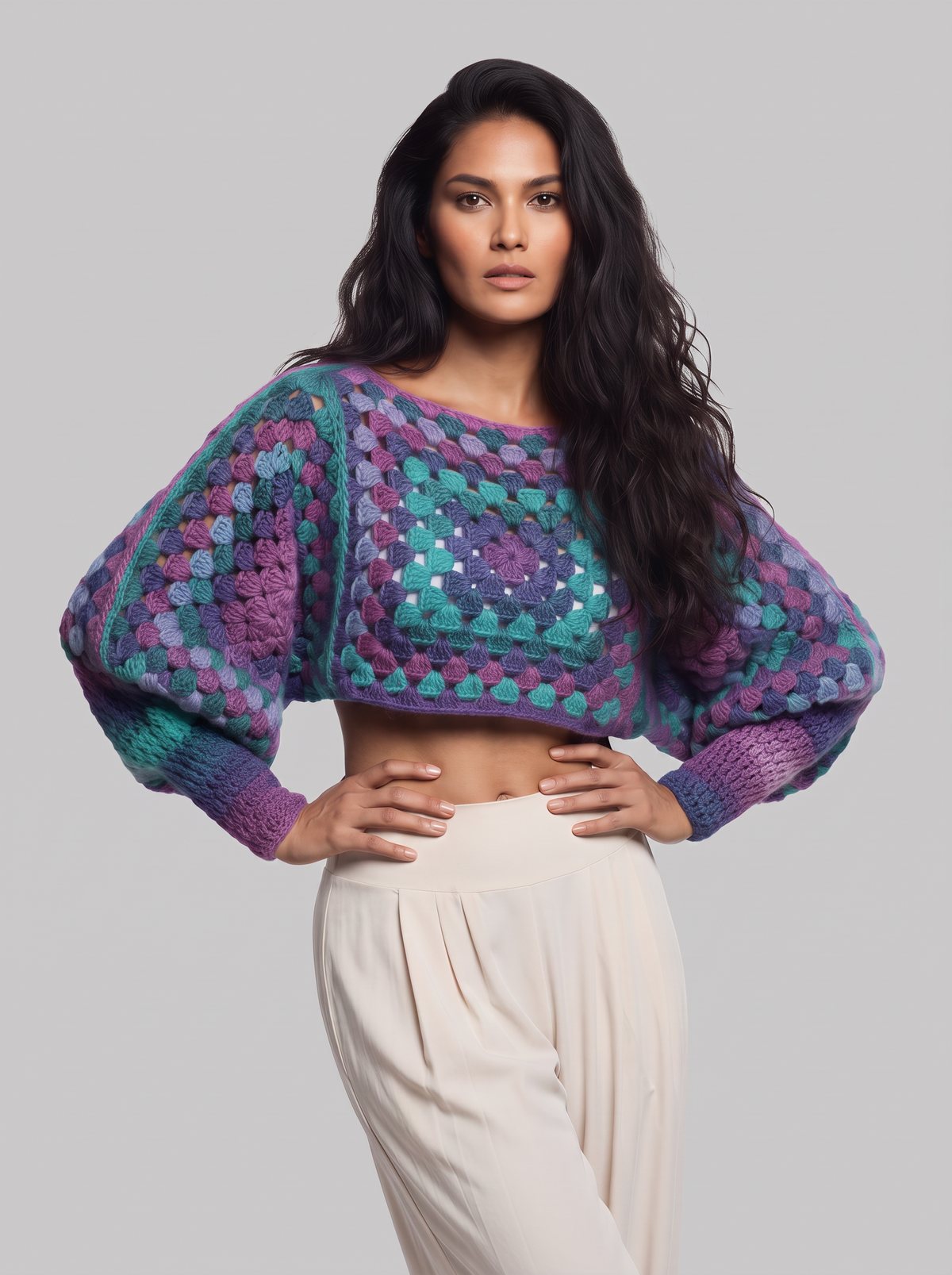 Pull court Blue Lagoon granny square turquoise violet – crochet fait main – de face – Cachalabibi