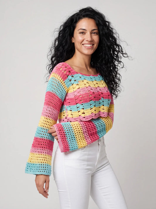 Pull court Romanella rayures multicolores ajouré – crochet fait main – vue de 3/4 – Cachalabibi