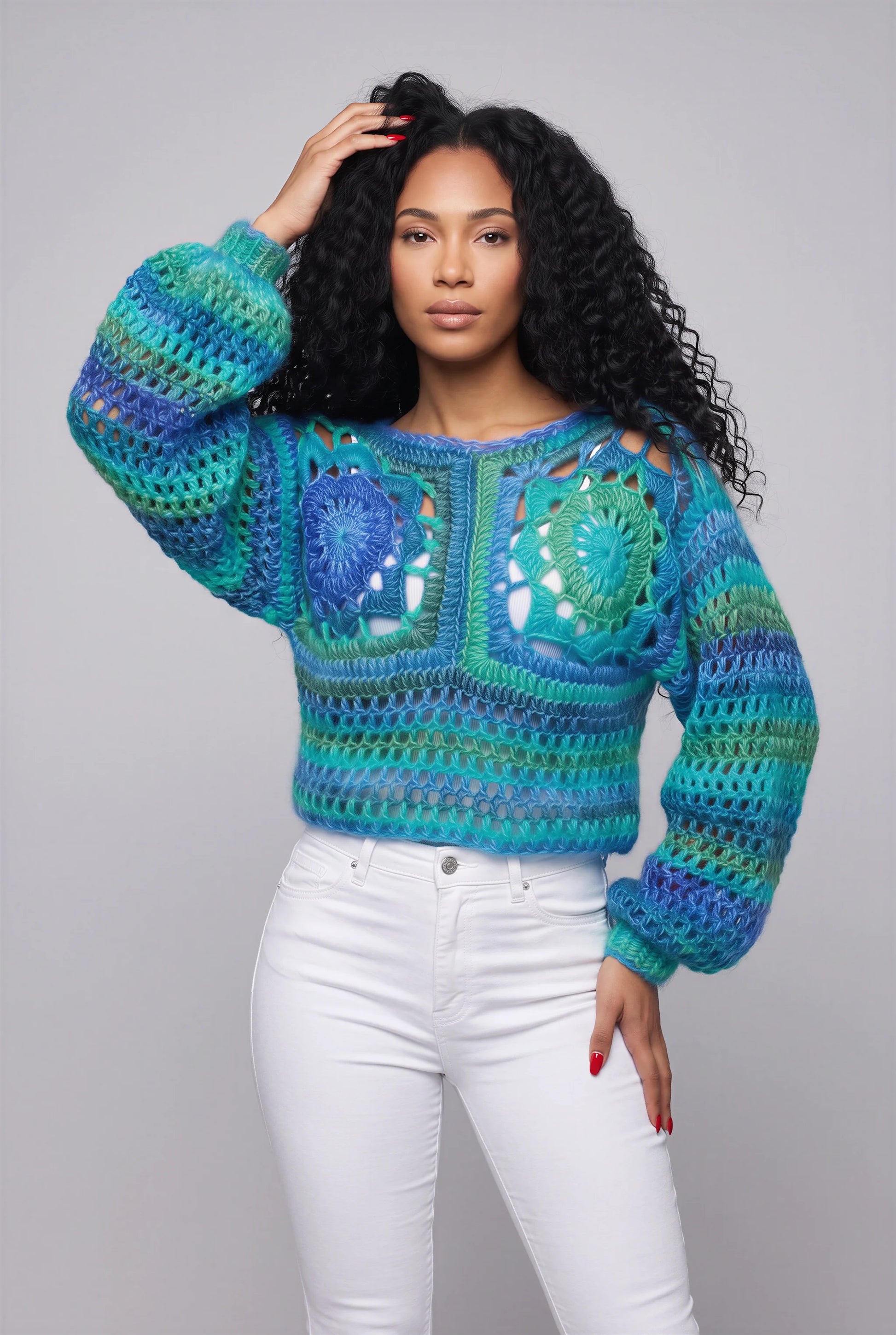 Pull crochet Samarkand Cachalabibi — vue de face, col rond, point filet - Cachalabibi