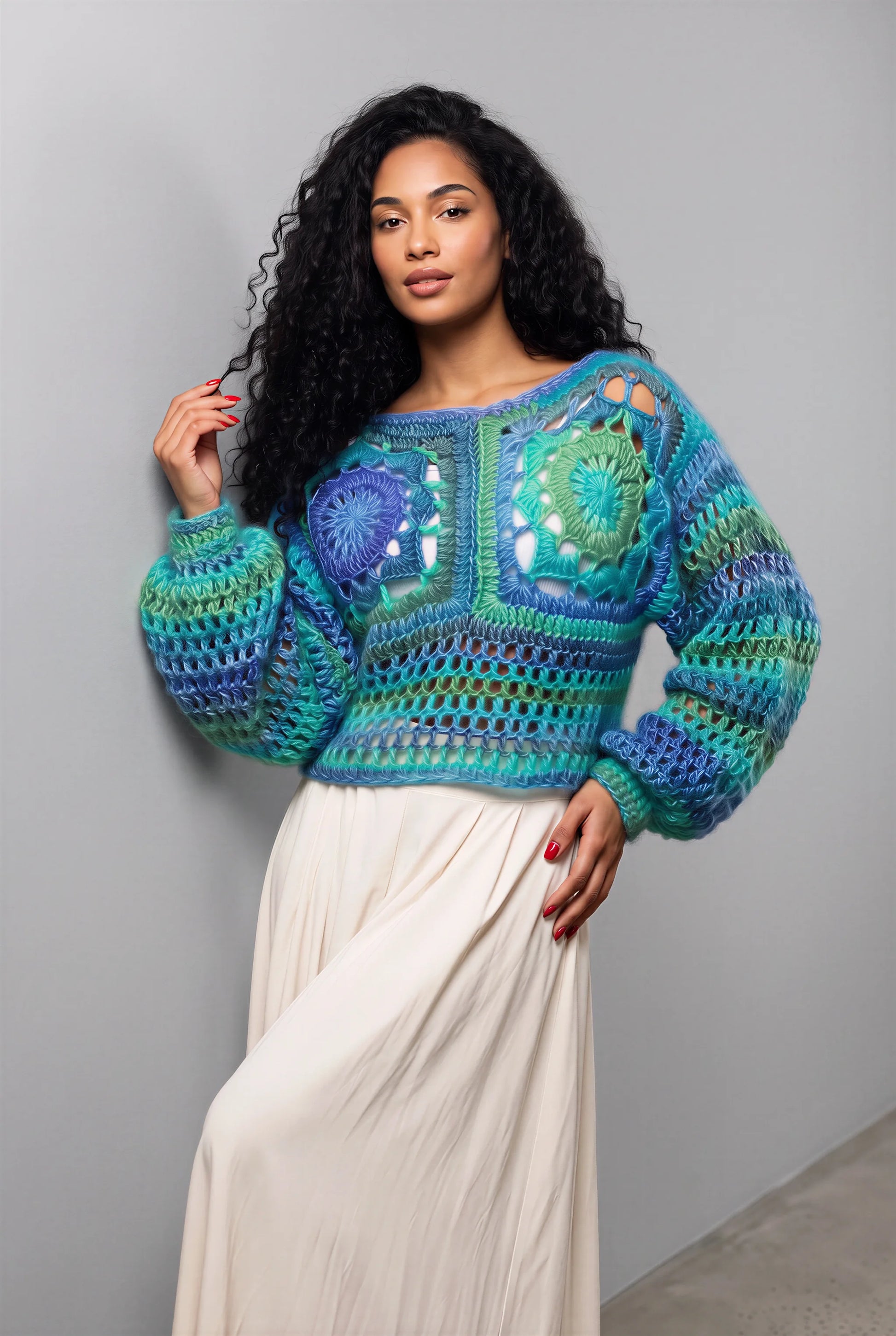 Pull crochet Samarkand Cachalabibi — détail carrés granny floraux turquoise - Cachalabibi