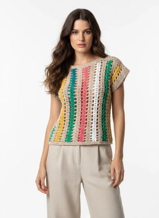 Pull manches courtes Alinéa multicolore - Crochet main - Taille 38/40