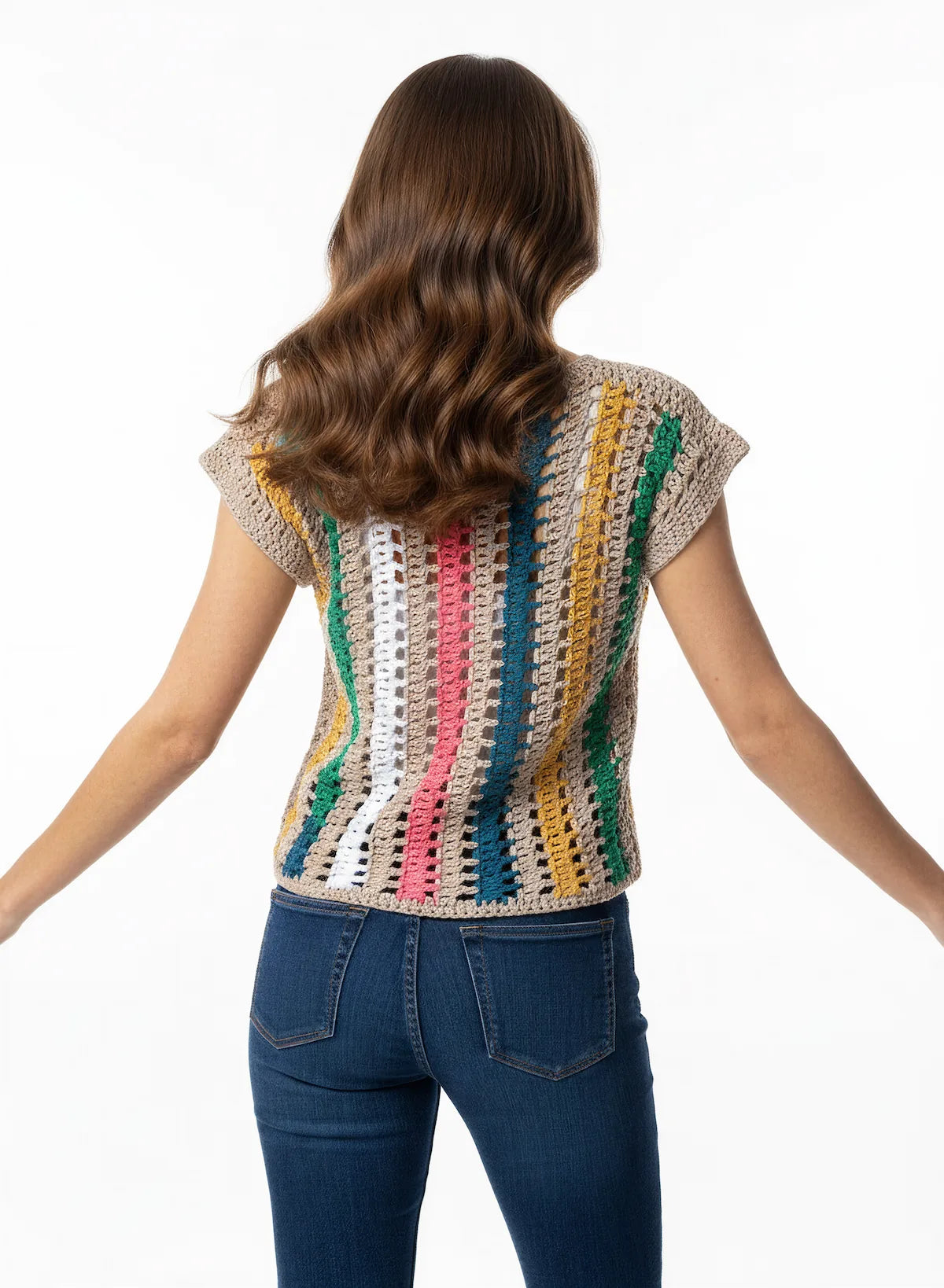 Pull manches courtes Alinéa rayures verticales multicolores – crochet fait main – de dos – Cachalabibi