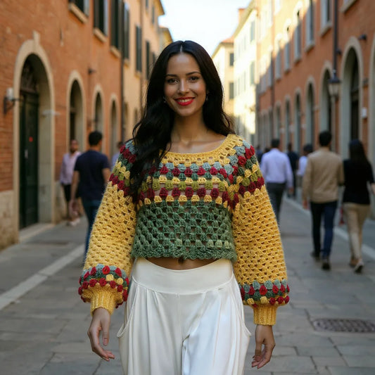 Pull au crochet fait main Barcarola de Cachalabibi - jaune - vue de face dans une ruelle de Venise