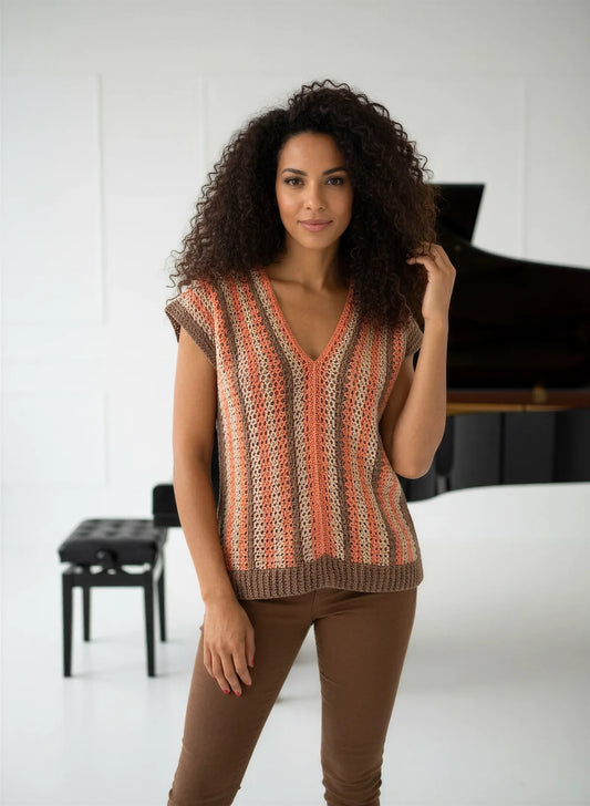 Pull manches courtes Belladonna rayures corail terracotta – crochet fait main – vue complète de face – Cachalabibi