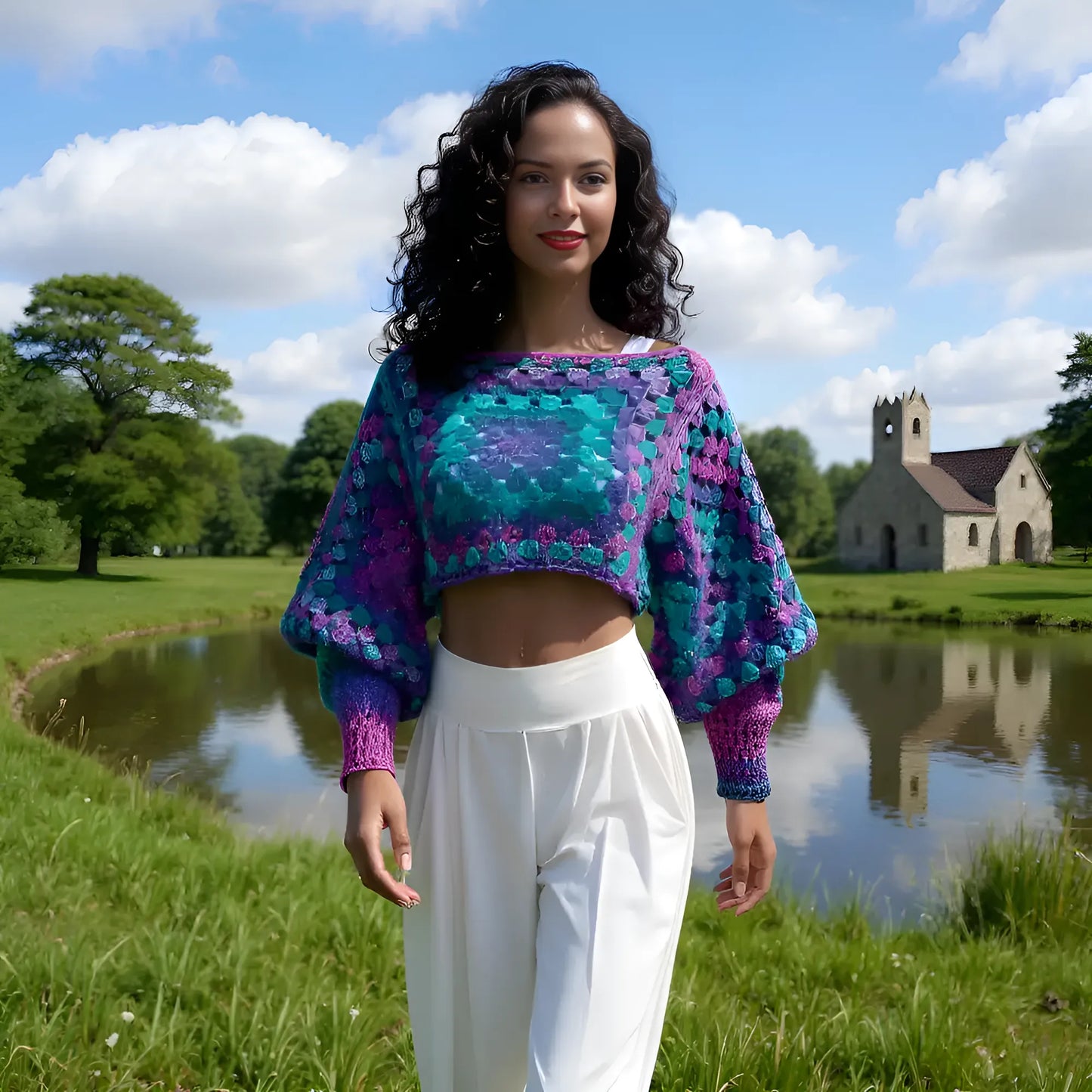 Pull au crochet Blue Lagoon de Cachalabibi - turquoise - vue de face d'une jeune femme devant un étang 