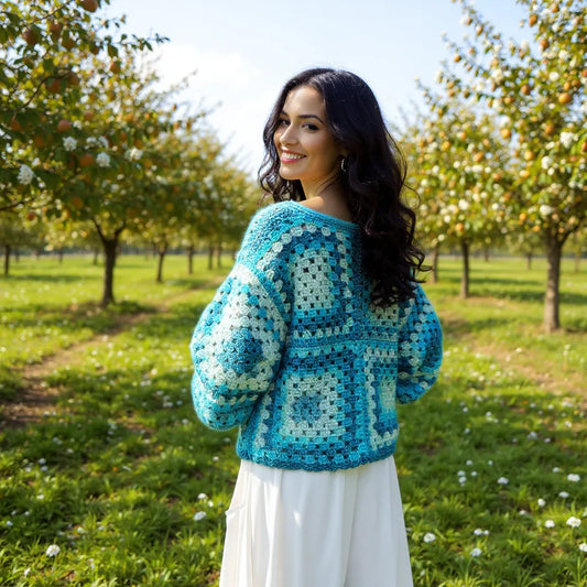Pull au crochet fait main Bora-Bora de Cachalabibi - bleu - vue de dos au verger montrant les motifs géométriques carrés