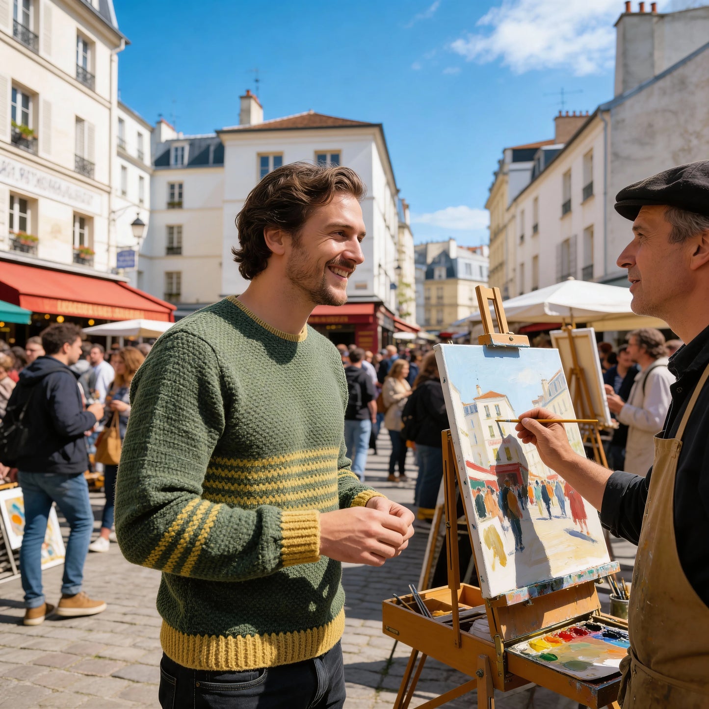 Pull au crochet fait main Brazilo homme de Cachalabibi - vert kaki - porté sur un jeune homme en discussion