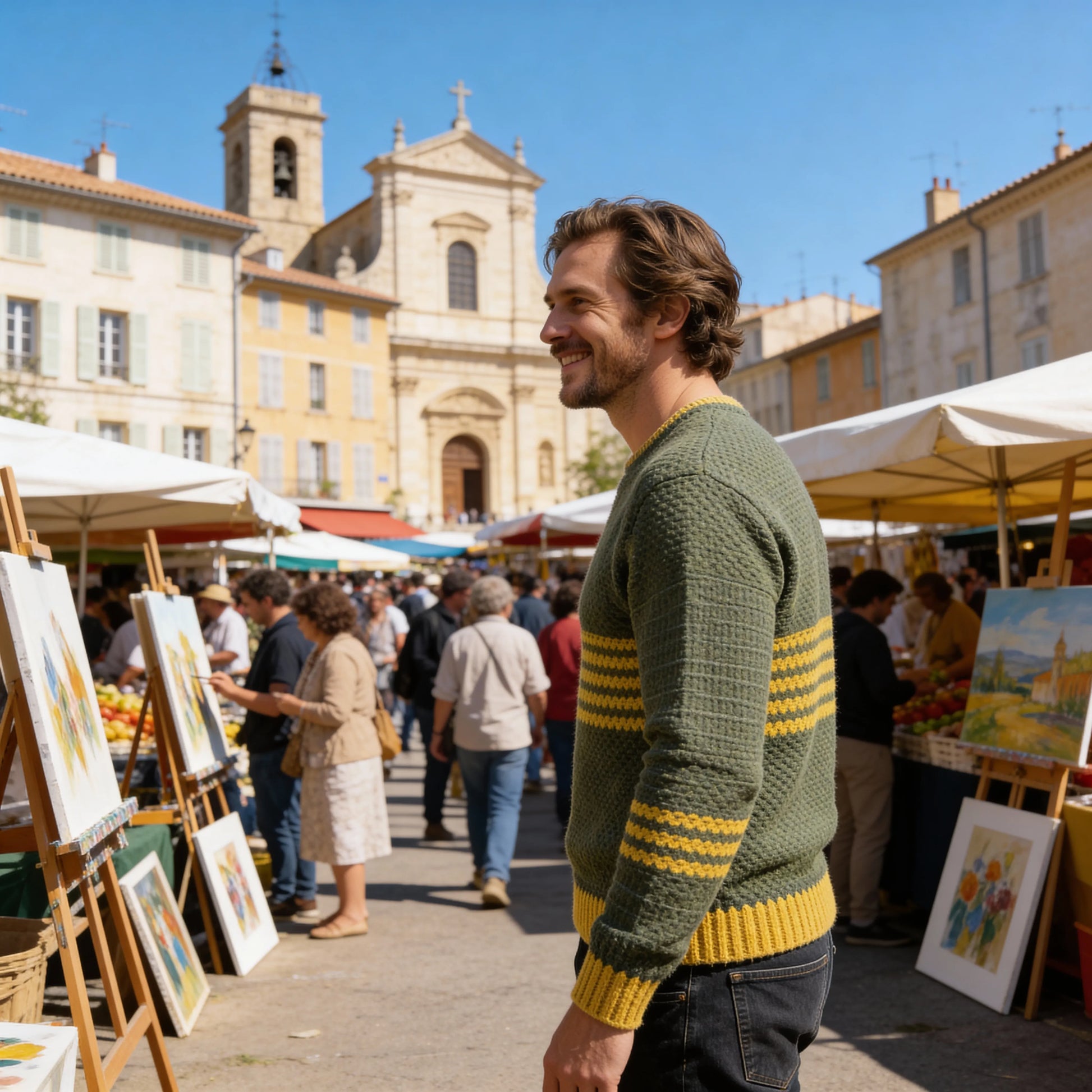 Pull au crochet fait main Brazilo homme de Cachalabibi - vert kaki - vue de dos au marché provençal avec étals de peintures et église
