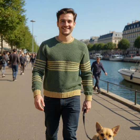 Pull au crochet fait main Brazilo homme de Cachalabibi - vert kaki - vue de face en promenade sur les quais de Seine avec son chien