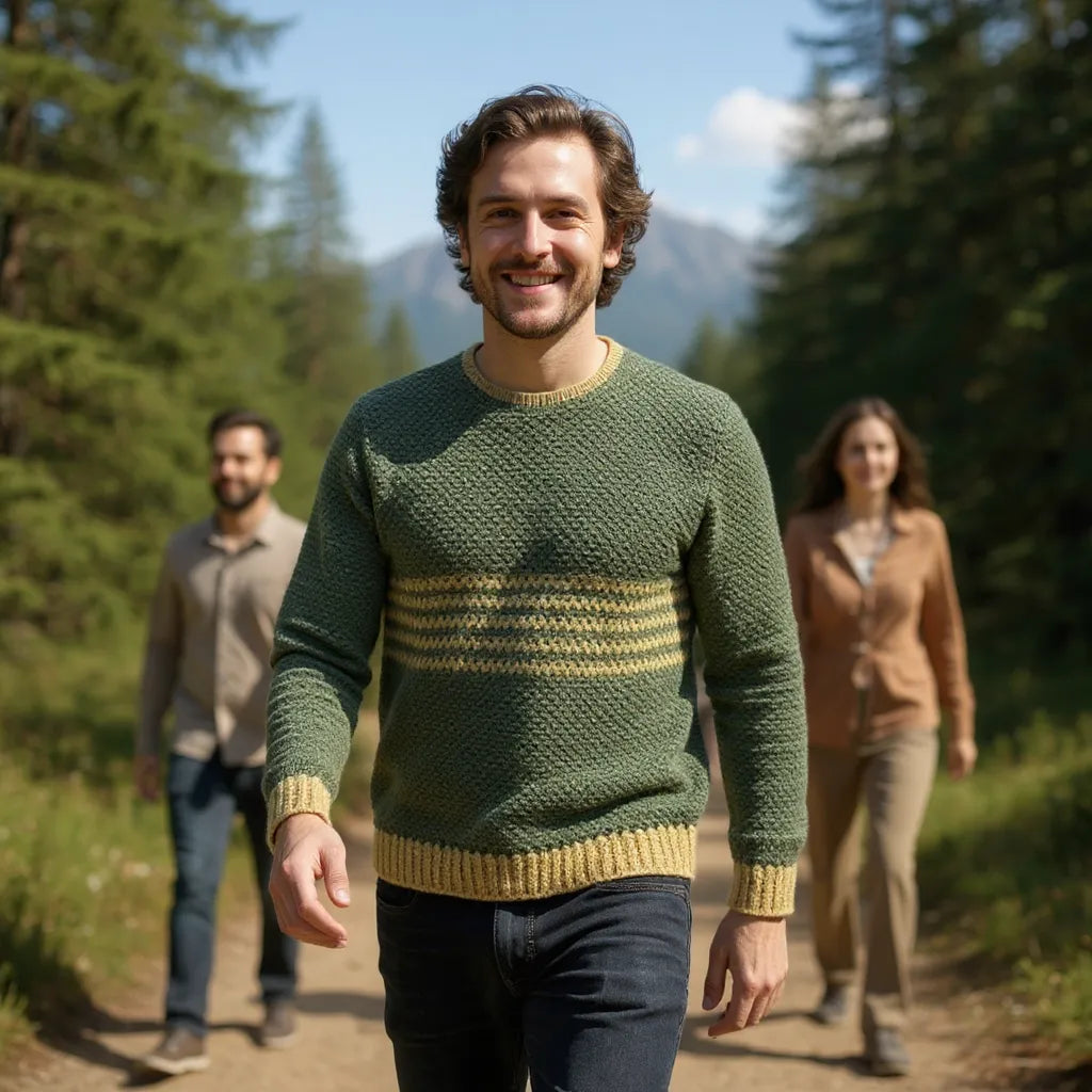 Pull au crochet fait main Brazilo homme de Cachalabibi - vert kaki - vue de face en randonnée dans la forêt de montagne avec des amis