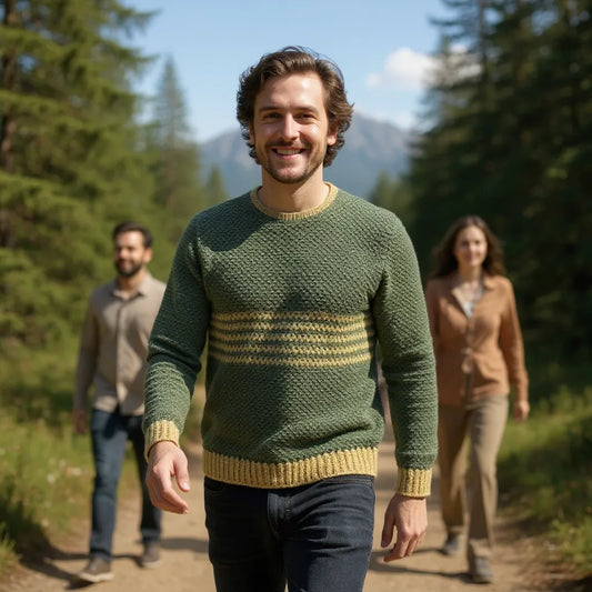 Pull au crochet fait main Brazilo homme de Cachalabibi - vert kaki - vue de face en randonnée dans la forêt de montagne avec des amis
