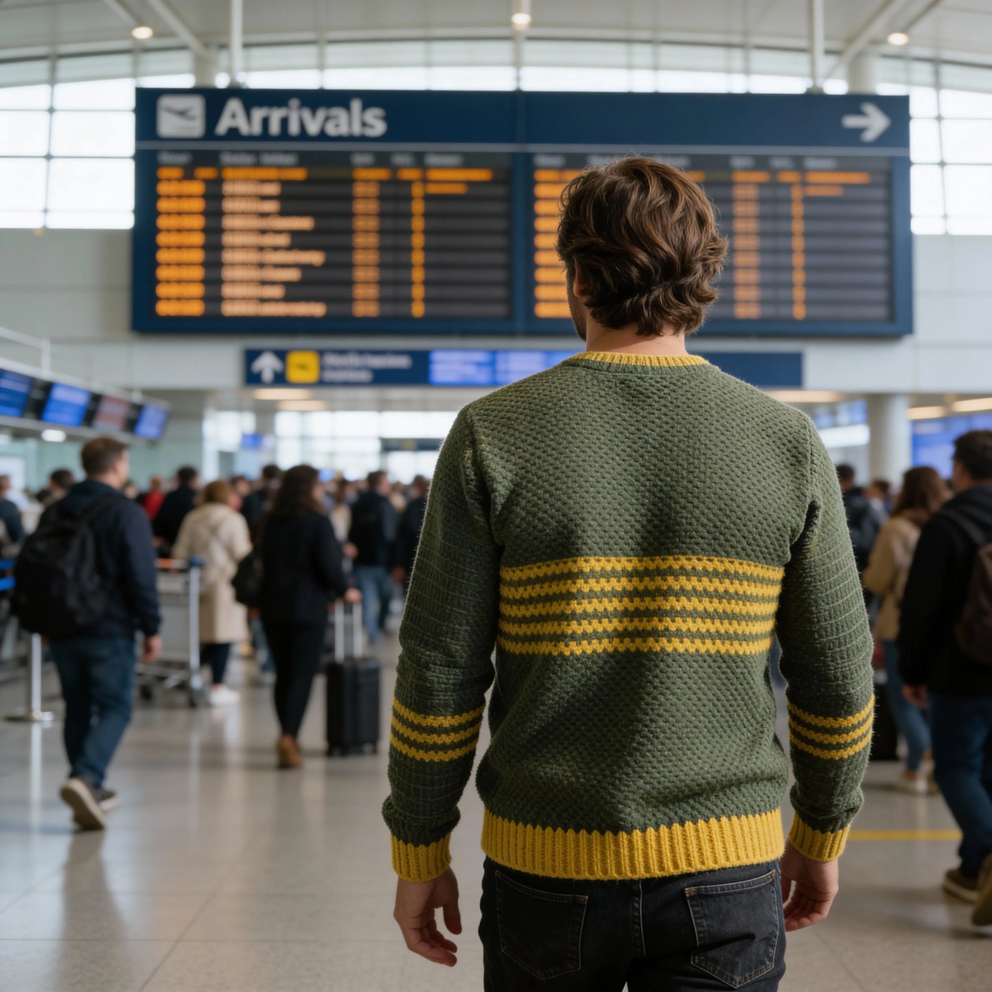 Pull au crochet fait main Brazilo homme de Cachalabibi - vert kaki - vue de dos dans le hall d'un aéroport international