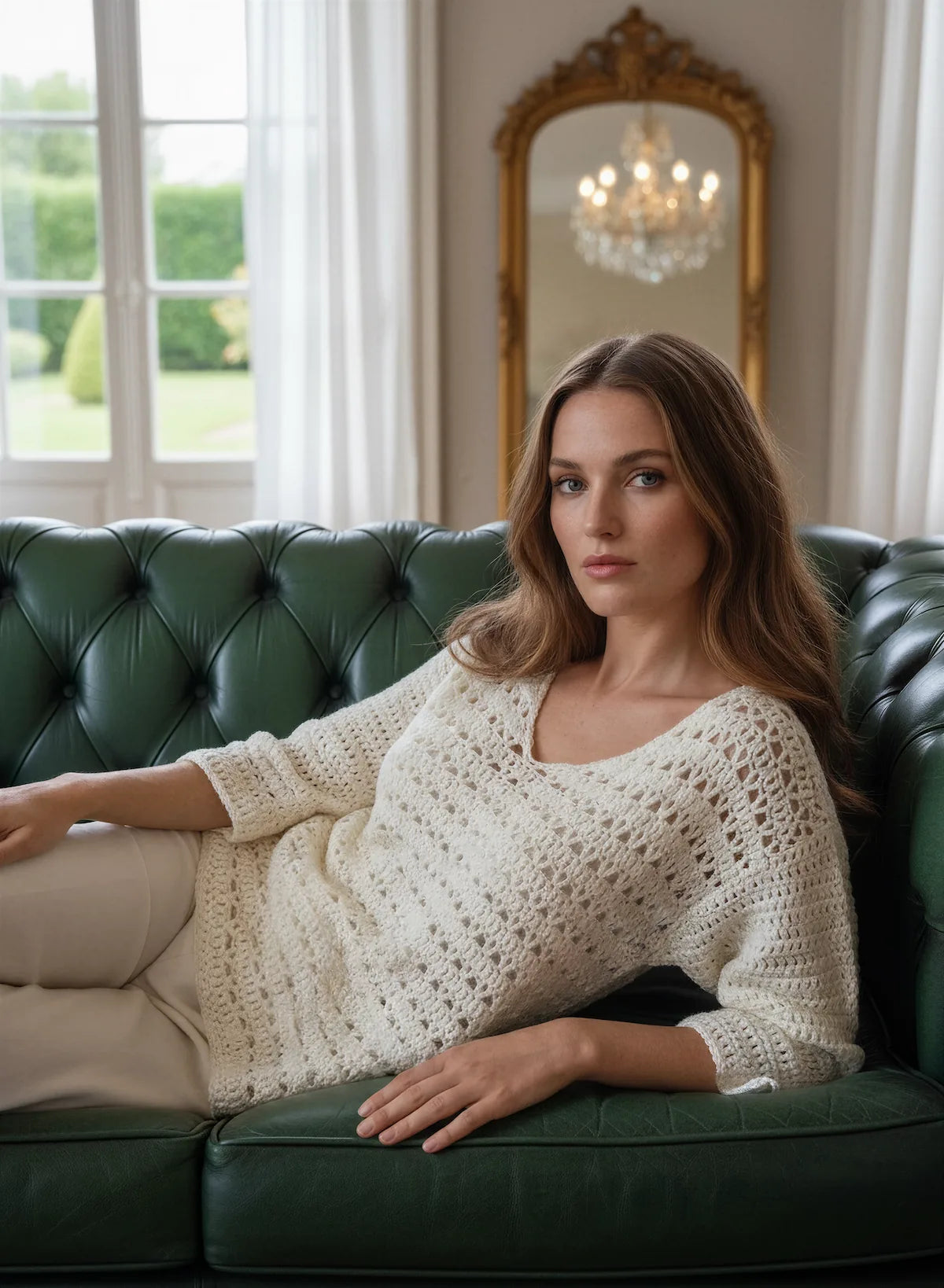 Pull femme Butterfly crème ajouré – crochet fait main – pose assise ambiance château – Cachalabibi