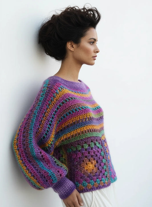 Pull femme Caïnca multicolore violet granny square – crochet fait main – manches bouffantes côté – Cachalabibi