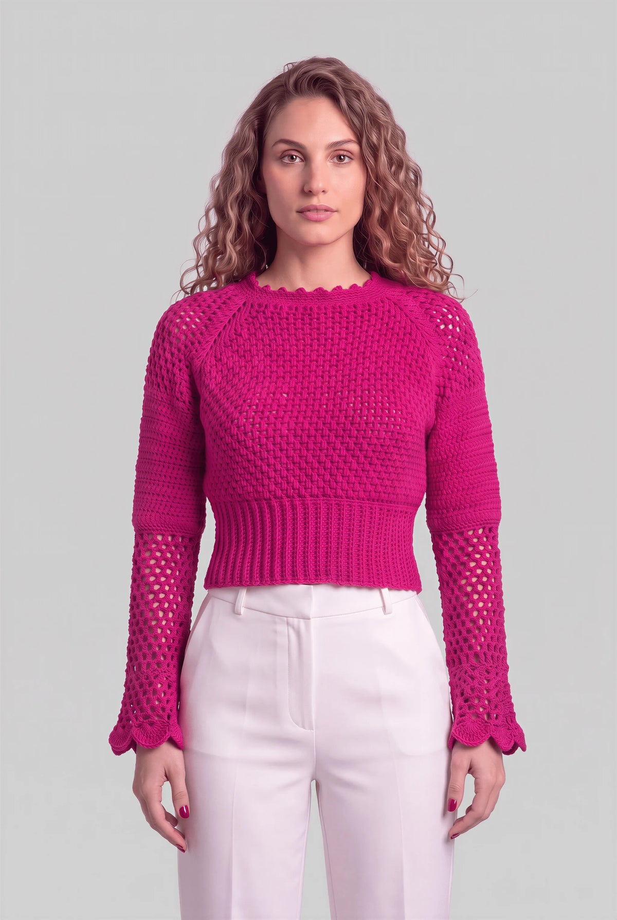 Pull Cappotto crochet fuchsia col rond festonné — vue face crop — Cachalabibi
