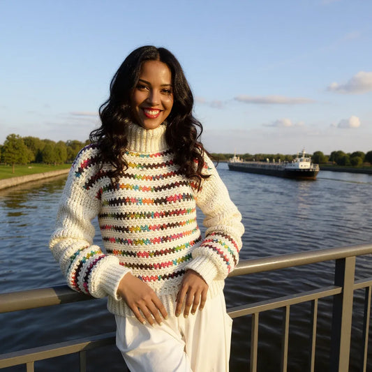 Pull au crochet fait main Colloalto de Cachalabibi - blanc - vue de face au bord du canal avec vue sur les bateaux