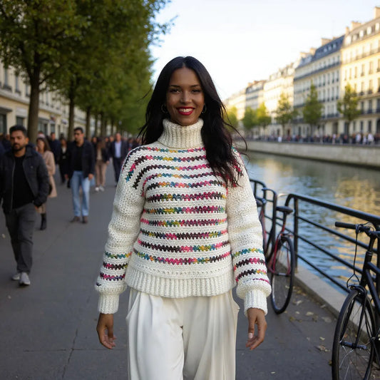 Pull au crochet fait main Colloalto de Cachalabibi - blanc - vue de face en promenade le long de la Seine à Paris