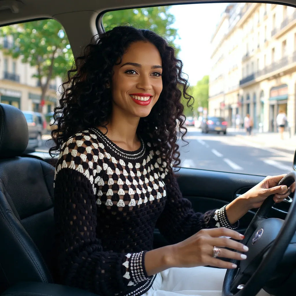 Pull au crochet fait main Damiana de Cachalabibi - noir - vue de face en voiture décapotable en ville