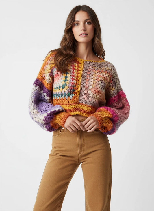 Pull court Dorsoduro granny square multicolore – crochet fait main – de face – Cachalabibi