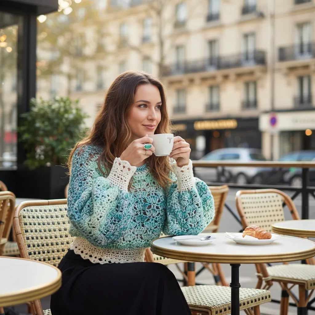 Pull au crochet fait main Fidji de Cachalabibi - turquoise - vue de face d'une femme à la terrasse d'un café