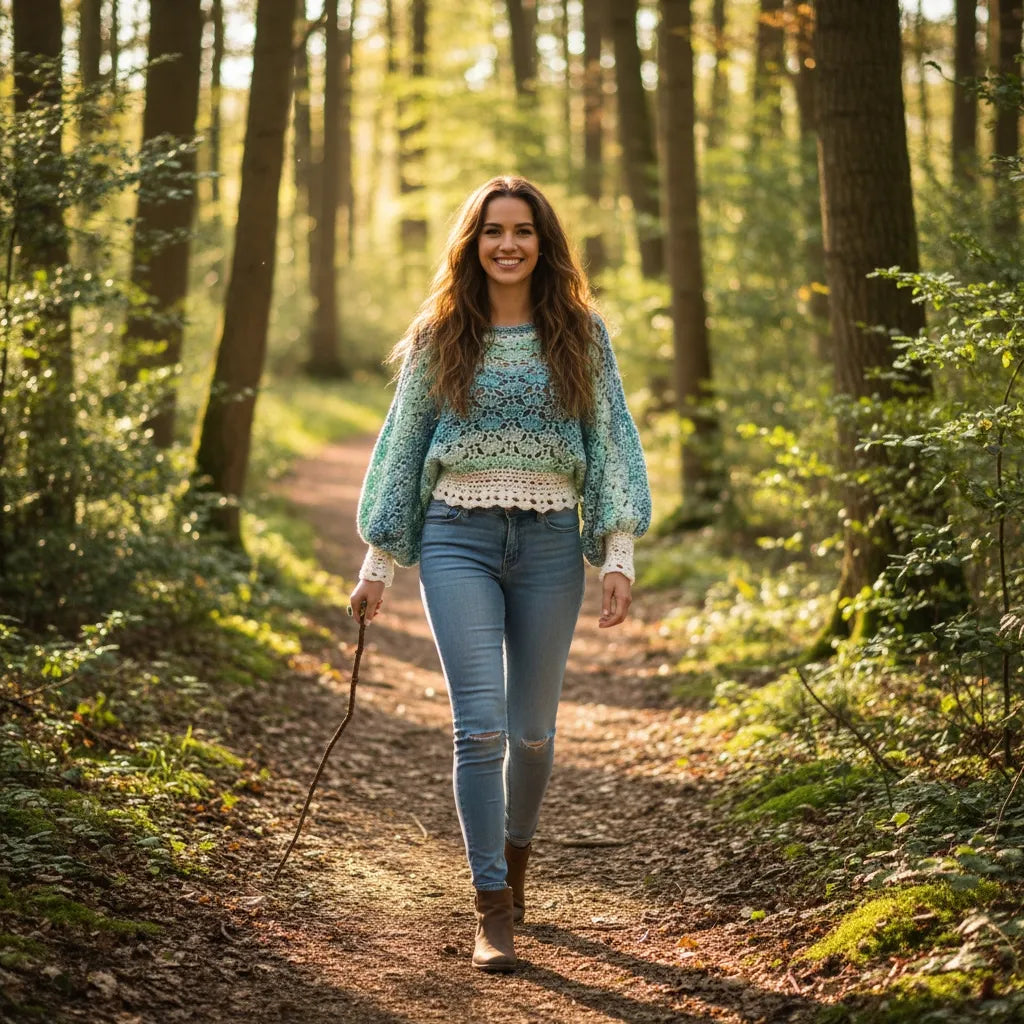 Pull au crochet fait main Fidji de Cachalabibi - turquoise - vue de face d'une femme dans les sous-bois