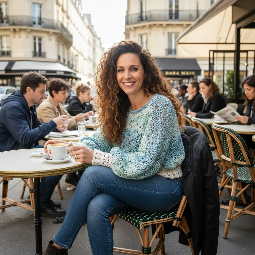 Pull au crochet fait main Fidji de Cachalabibi - turquoise - vue de face à la terrasse d'un café parisien avec des amis