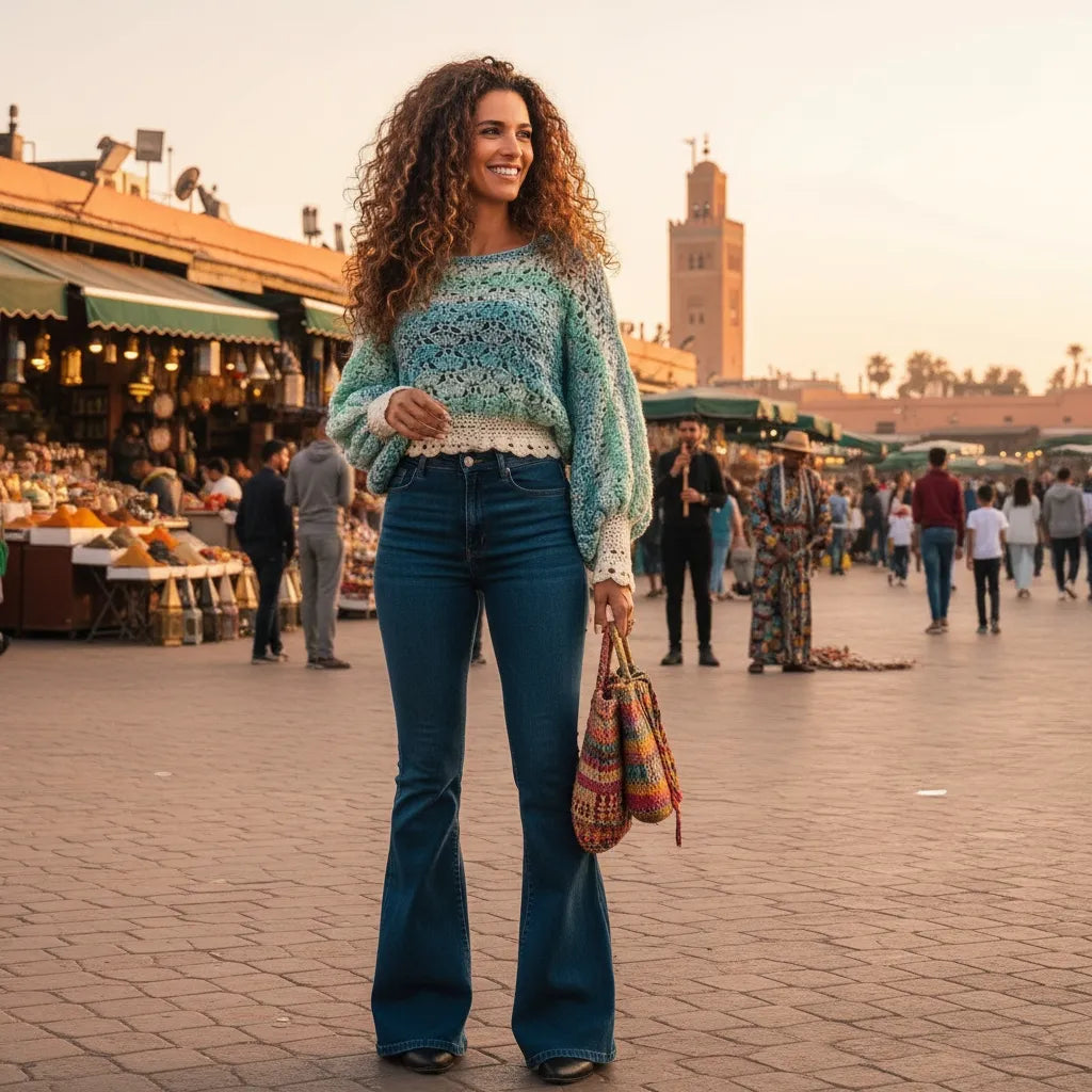 Pull au crochet fait main Fidji de Cachalabibi - turquoise - vue de face sur la place Jemaa el-Fna à Marrakech avec la mosquée Koutoubia