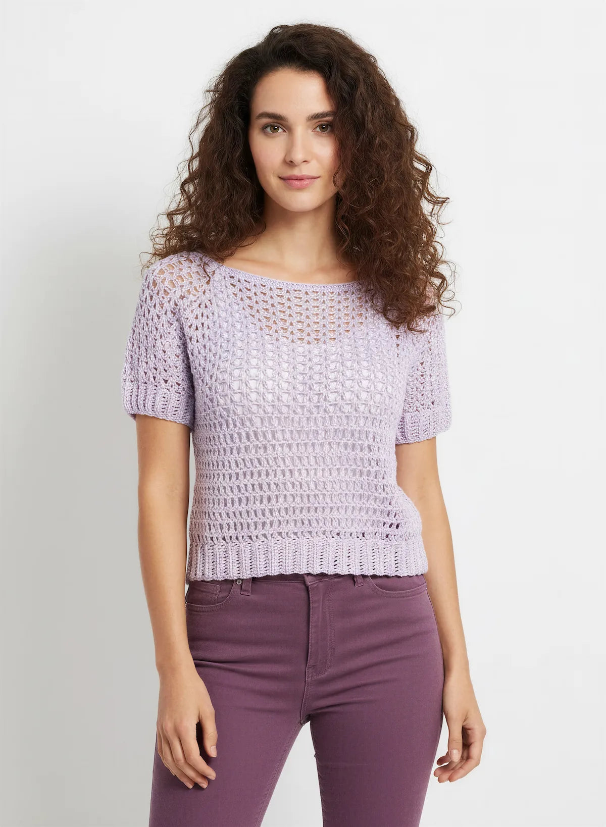 Pull manches courtes Glycina glycine ajouré – crochet fait main – de face – Cachalabibi