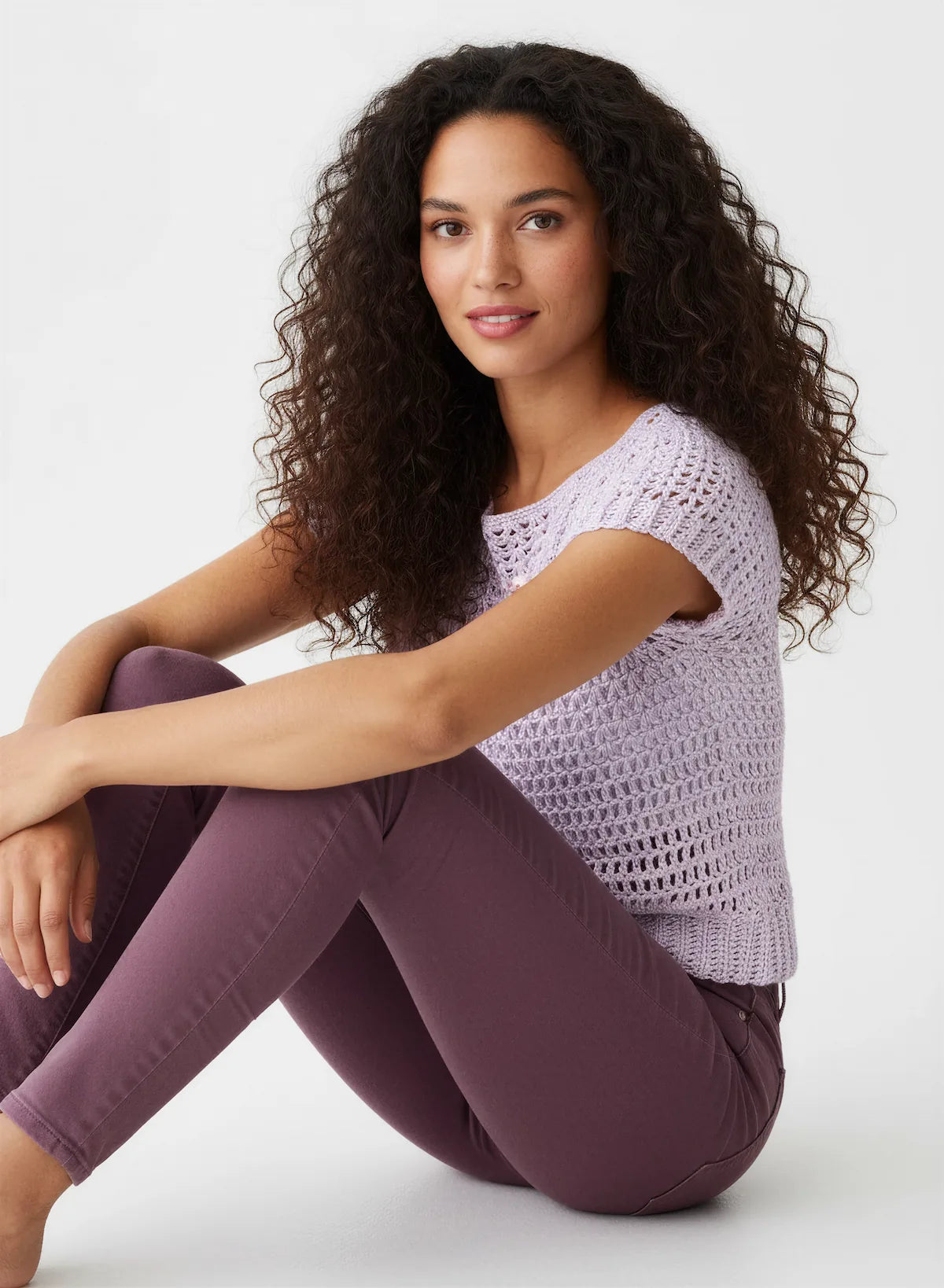 Pull manches courtes Glycina glycine ajouré – crochet fait main – pose assise – Cachalabibi