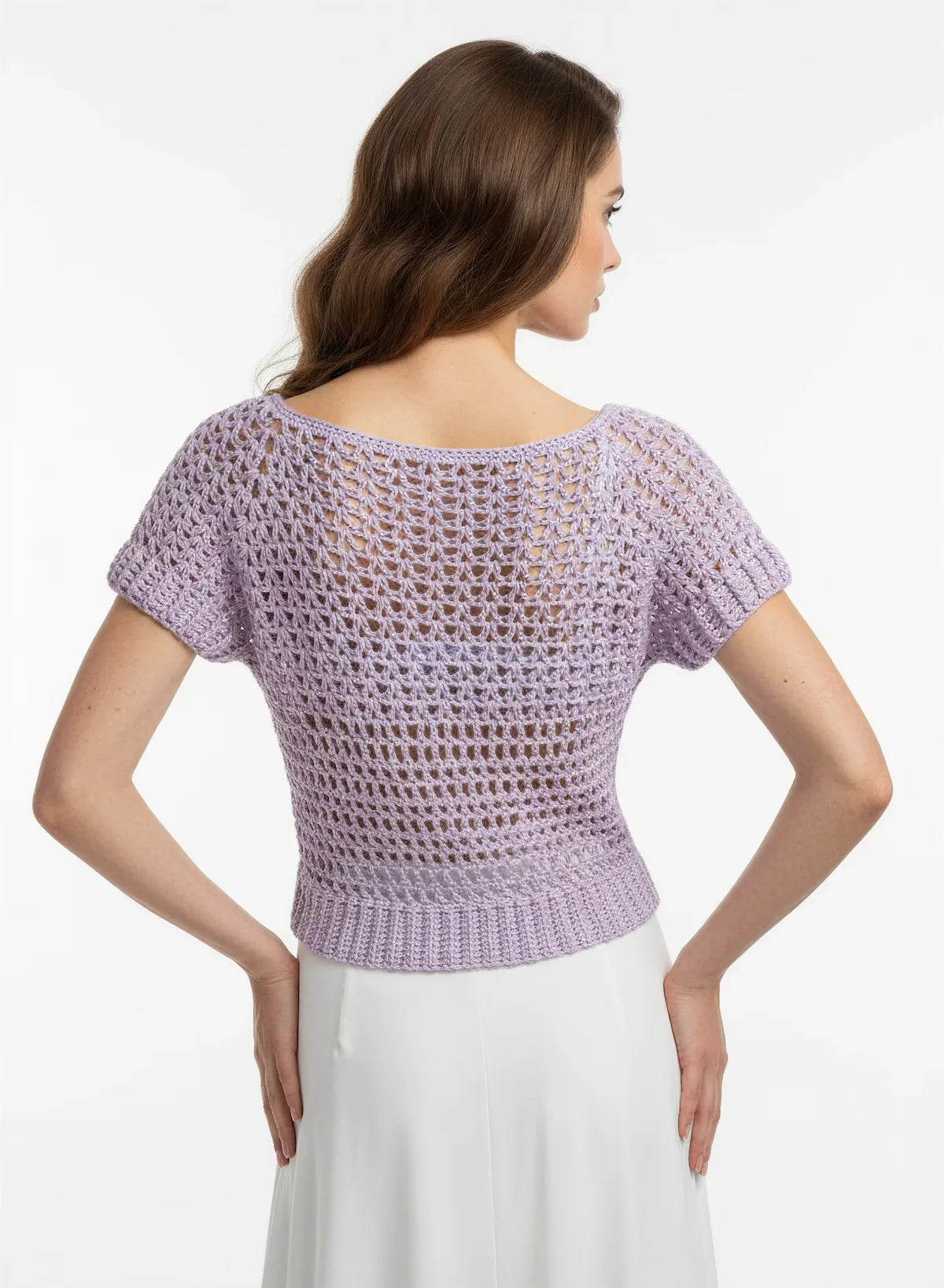 Pull manches courtes Glycina glycine ajouré – crochet fait main – de dos – Cachalabibi