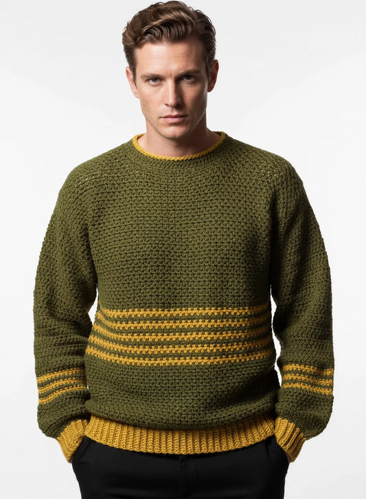 Pull homme Brazilo vert olive moutarde rayures – crochet fait main – de face – Cachalabibi