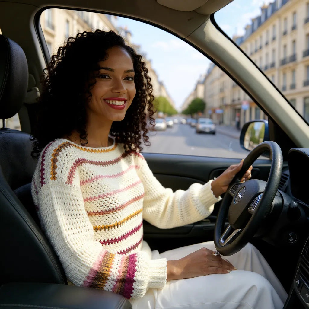 Pull au crochet fait main Inverno de Cachalabibi - blanc rayé - porté par une jeune femme au volant de sa voiture