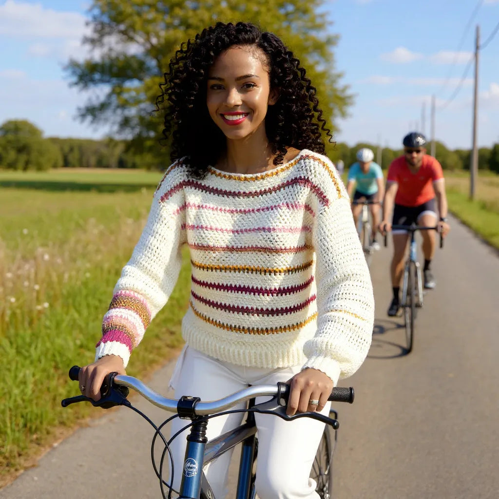 Pull au crochet fait main Inverno de Cachalabibi - blanc rayé - porté à vélo sur une route de campagne, vue de face